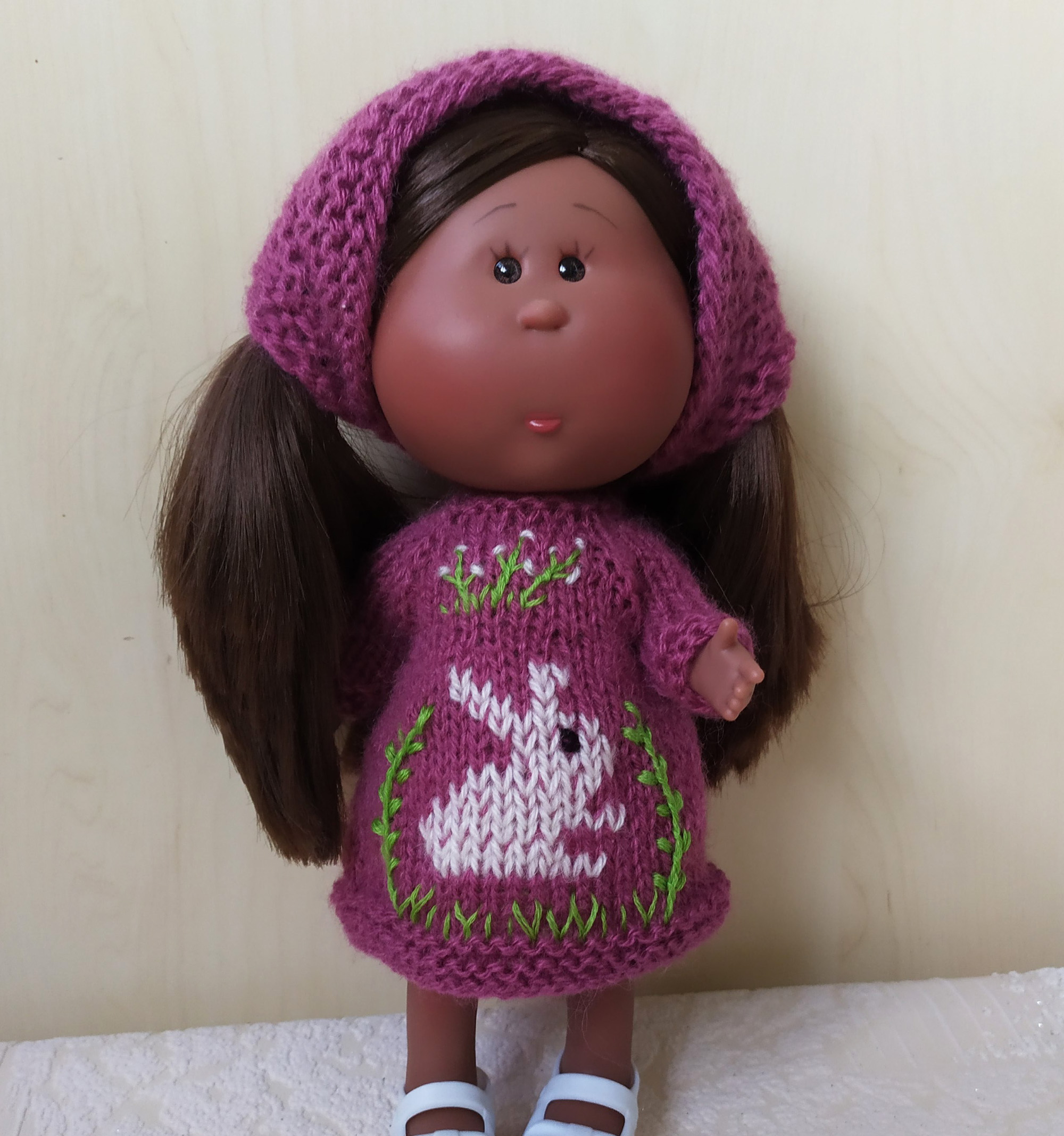 Easter Bunny Outfit for Doll Mini Mia Nines d'Onil,  Embroidered Dress & Bonnet Mia 23 cm, Clothing for 9-inch doll,  Mini Mia Clothes, Bunny Dress