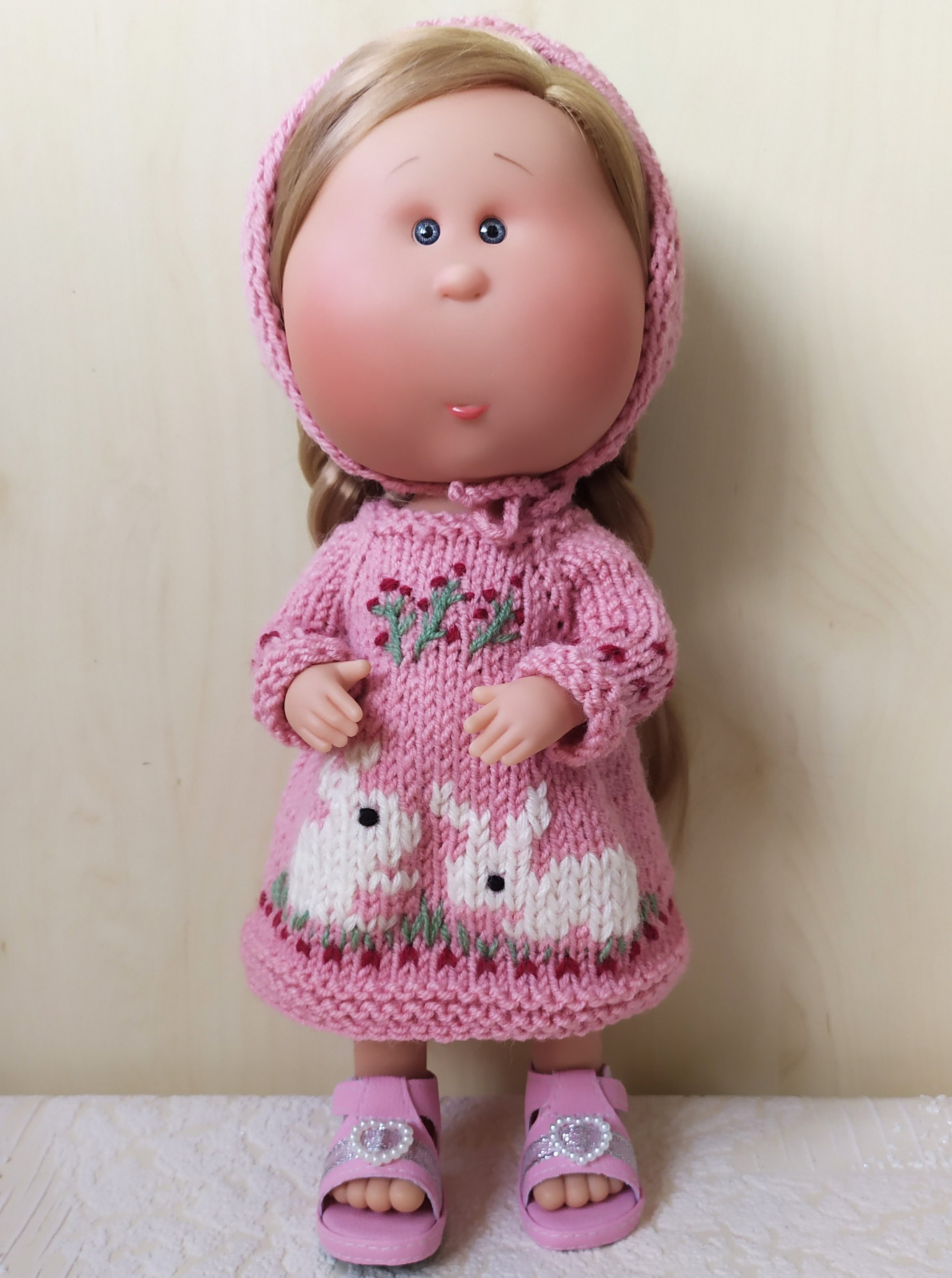 Easter Bunny Outfit for Doll Mia Nines d'Onil 30 cm, 2 items set: Embroidered Dress & Bonnet; Easter Doll Clothing, Clothing for 12-inch (30 cm) doll, Mia Clothes